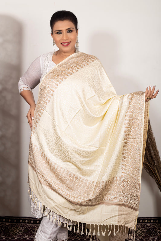 Elegant Self-Design Shawl Cream and wine  – Timeless Kashmiri Craftsmanship – Weaving Mystery Collection