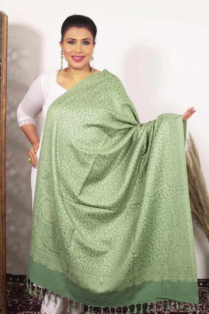 Pissta green Zari Pashmina-Blended Shawl & Hand-Embroidered Luxury Handbag Set | New Year Combo Offer
