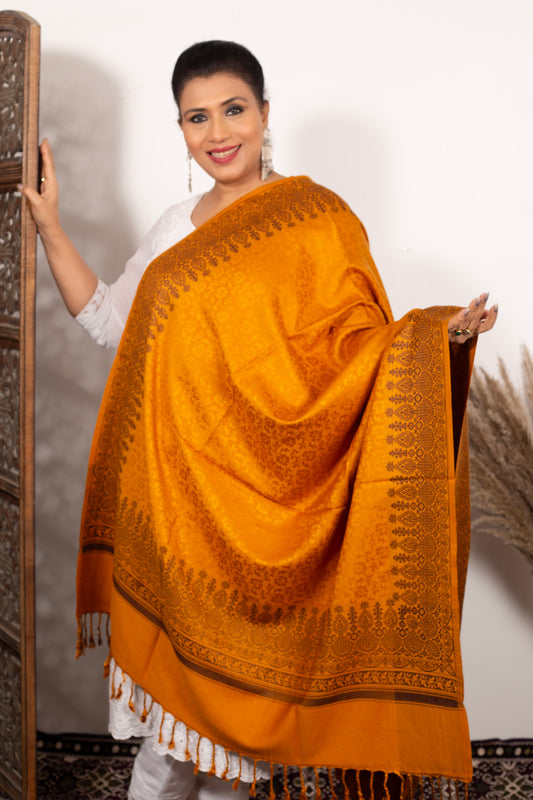 Elegant Self-Design Shawl Mustard Black  – Timeless Kashmiri Craftsmanship – Weaving Mystery Collection