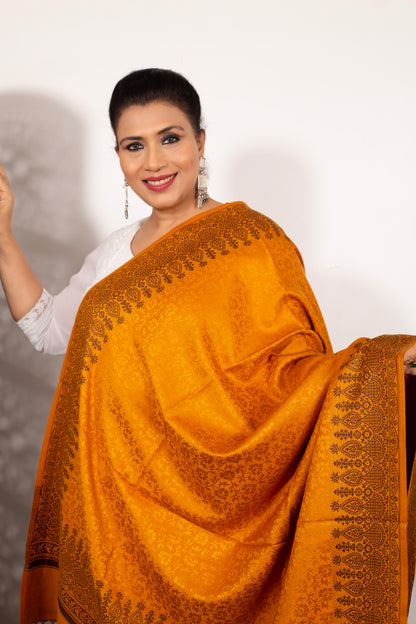 Elegant Self-Design Shawl Mustard Black  – Timeless Kashmiri Craftsmanship – Weaving Mystery Collection