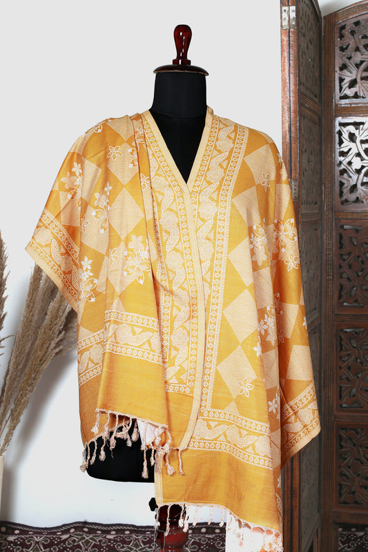 Sunlit Elegance Stole – Yellow Base with Intricate White Threadwork, A Stunning Blend of Sophistication and Craftsmanship, Designed for Women Who Adore Timeless Fashion and Graceful Details