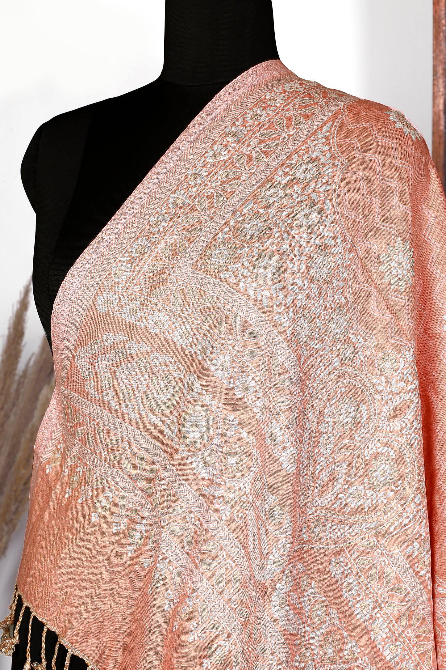 Blush Elegance Stole – Peach Base with Exquisite White Threadwork, A Perfect Combination of Sophistication and Handcrafted Artistry, Designed for Women Who Love Timeless Style and Graceful Details