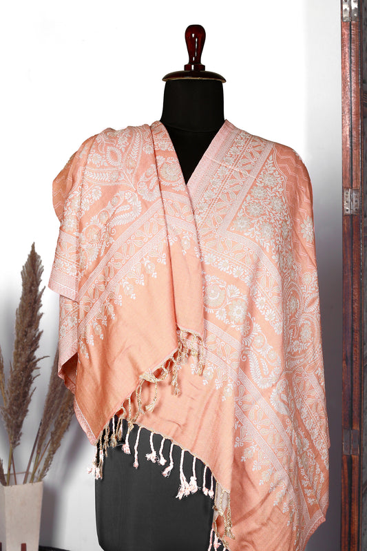 Blush Elegance Stole – Peach Base with Exquisite White Threadwork, A Perfect Combination of Sophistication and Handcrafted Artistry, Designed for Women Who Love Timeless Style and Graceful Details