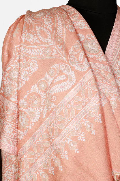 Blush Elegance Stole – Peach Base with Exquisite White Threadwork, A Perfect Combination of Sophistication and Handcrafted Artistry, Designed for Women Who Love Timeless Style and Graceful Details