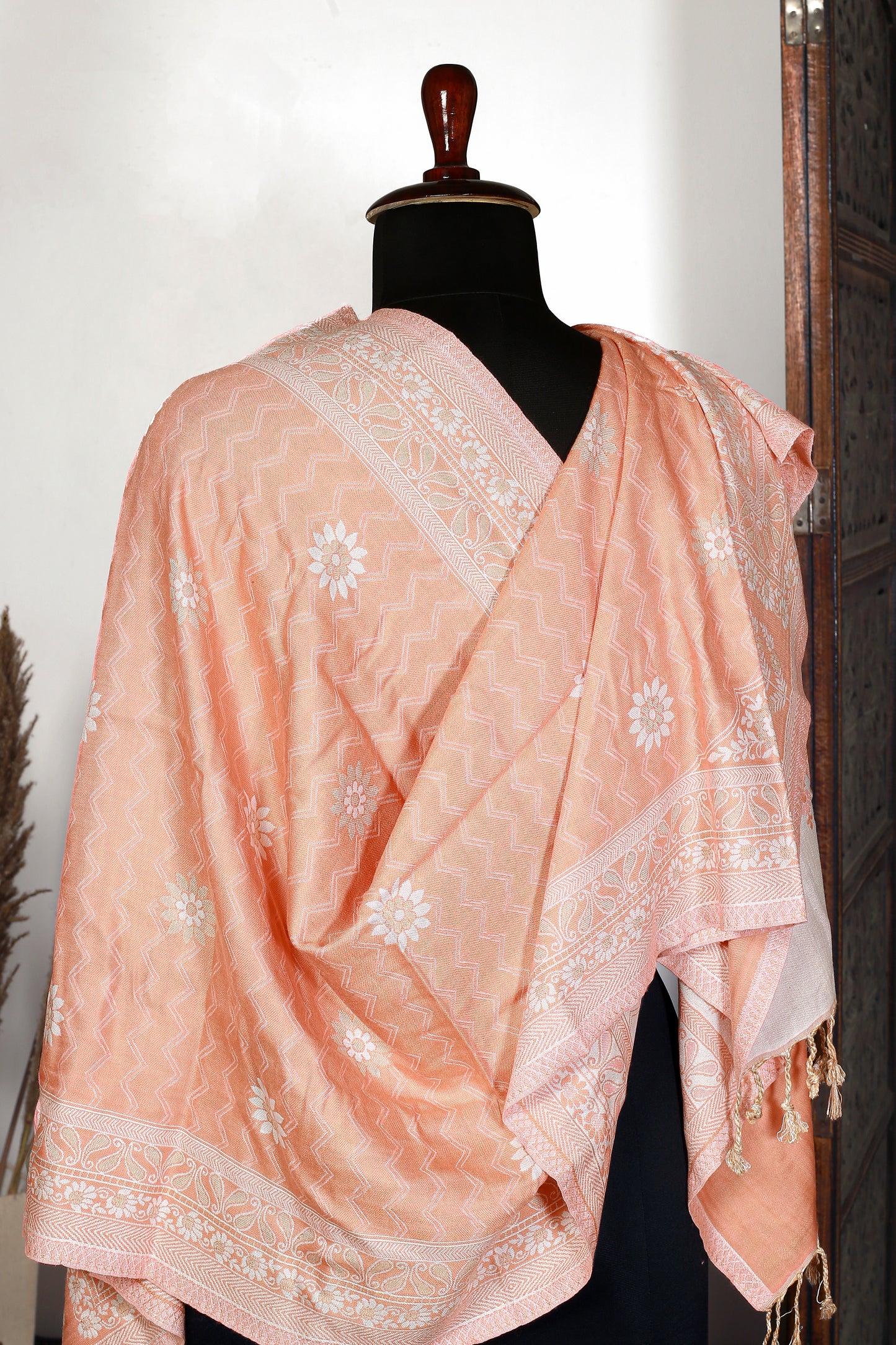 Blush Elegance Stole – Peach Base with Exquisite White Threadwork, A Perfect Combination of Sophistication and Handcrafted Artistry, Designed for Women Who Love Timeless Style and Graceful Details