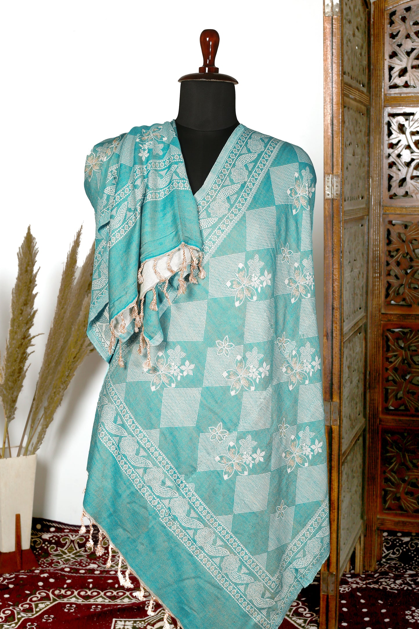 Radiant Blue Stole with Intricate White Threadwork – A Perfect Blend of Elegance and Artistry, Designed for Women Who Appreciate Timeless Fashion and Stunning Handcrafted Details