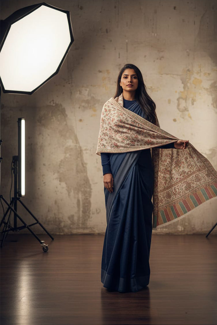 Luxury White Kani Shawl – Traditional Handloom