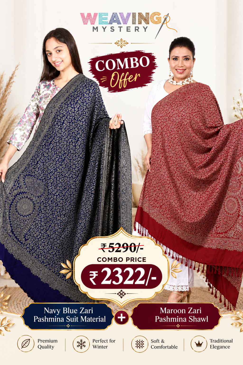 Navy Blue & Maroon Zari Pashmina Shawl Combo | Hand-Woven Winter Collection