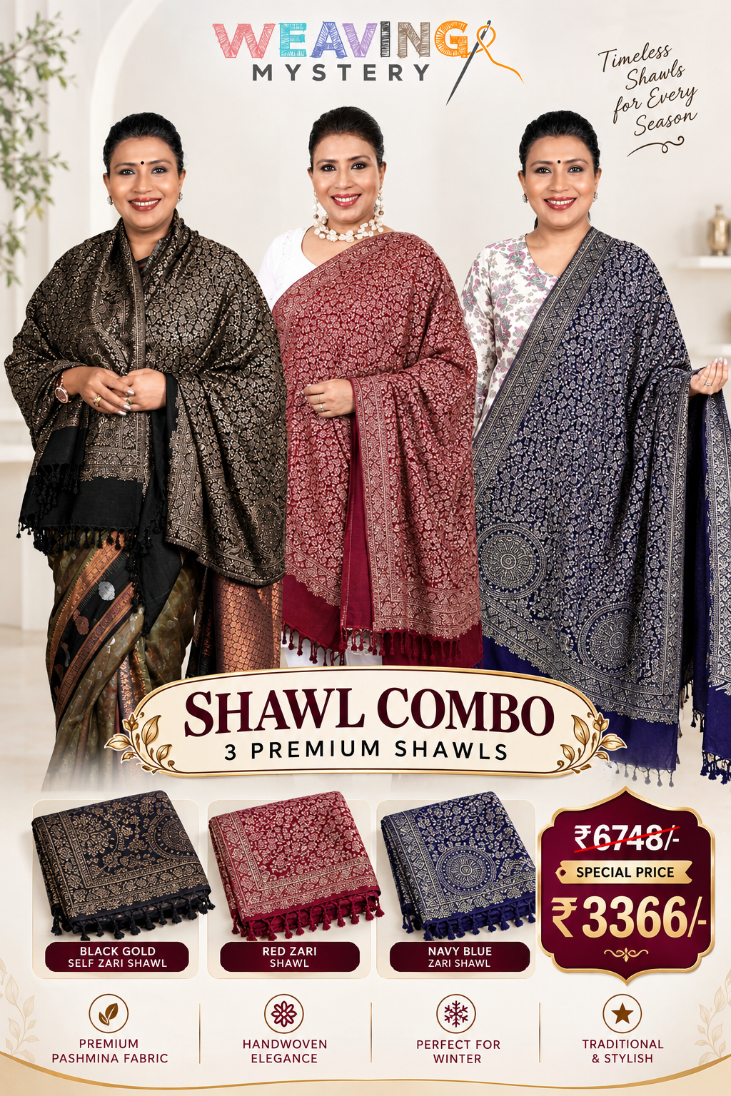 Zari Pashmina Shawl 3-Piece Combo | Hand-Woven Luxury Winter Collection