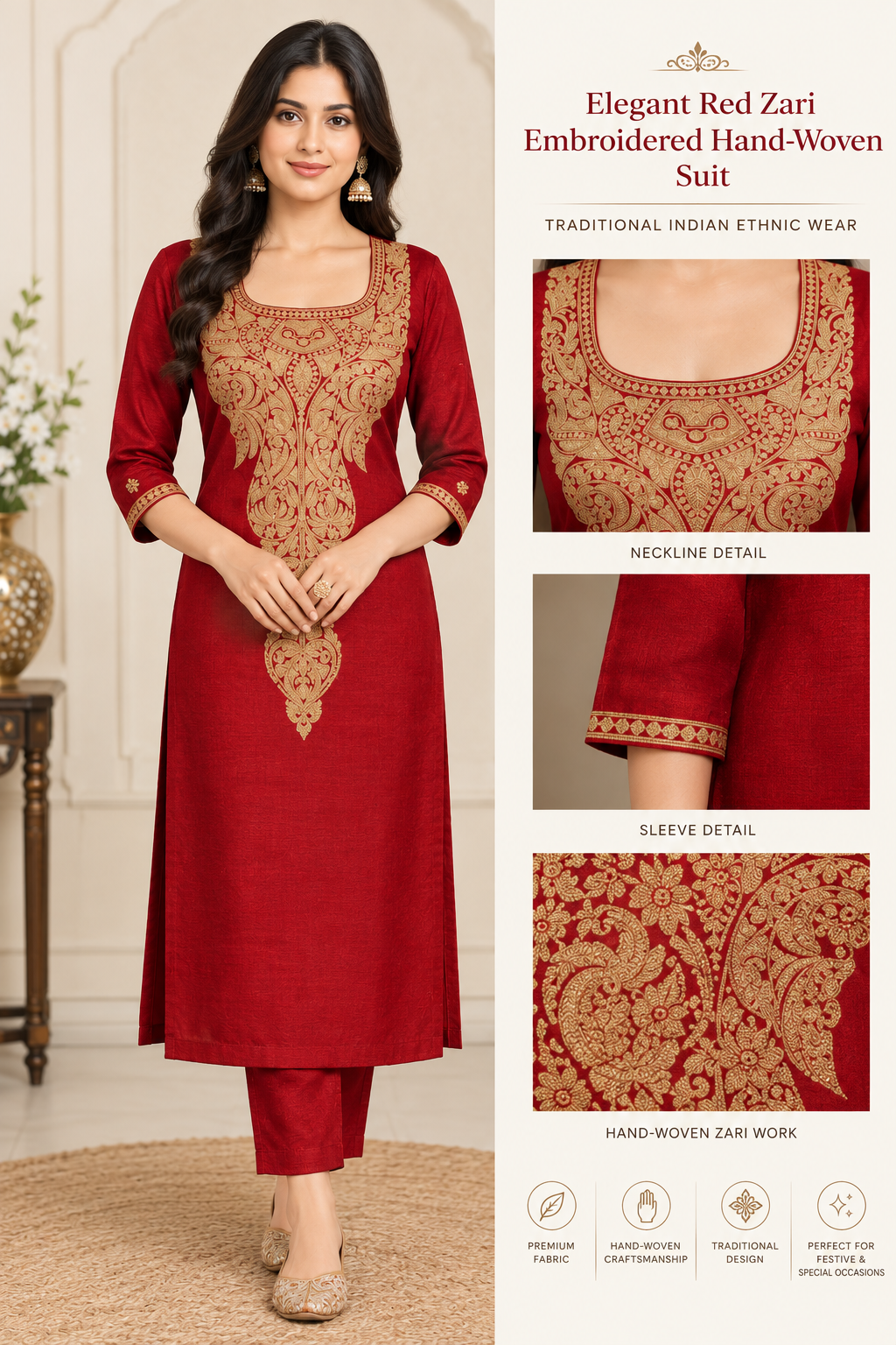 Elegant Red Zari Embroidered Hand-Woven Suit – Traditional Indian Ethnic Wear