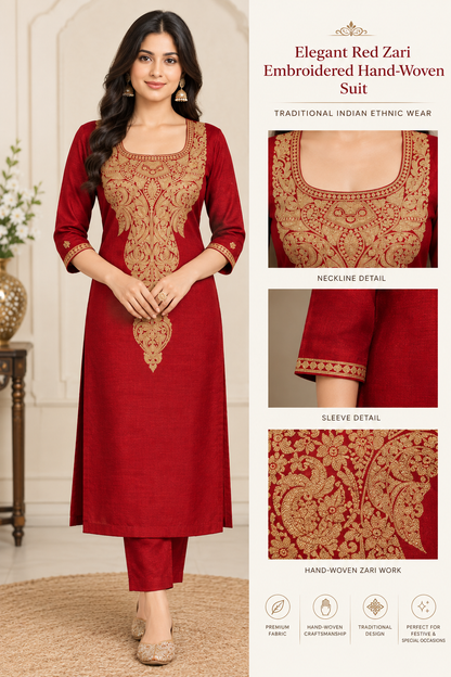 Elegant Red Zari Embroidered Hand-Woven Suit – Traditional Indian Ethnic Wear