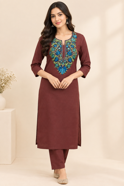 Coffee Brown Hand-Embroidered Cotton Suit Set – Floral Embroidery