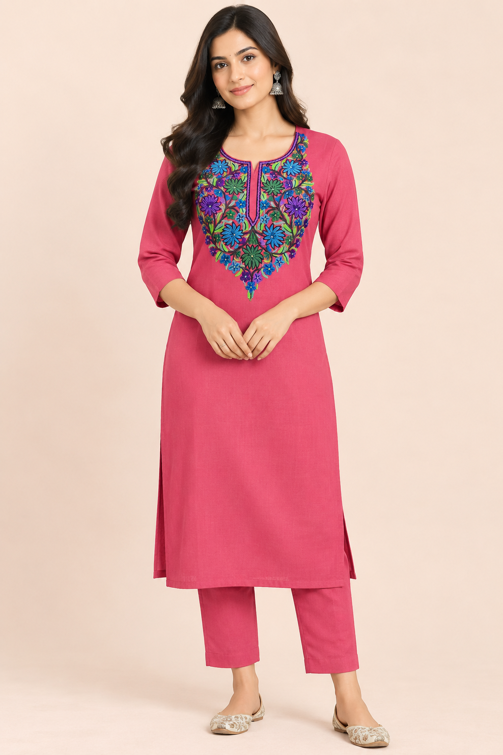 Women’s Pink Hand-Embroidered Cotton Suit Set – Floral Embroidery