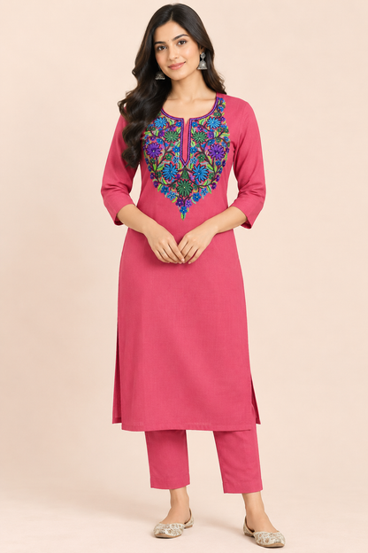 Women’s Pink Hand-Embroidered Cotton Suit Set – Floral Embroidery