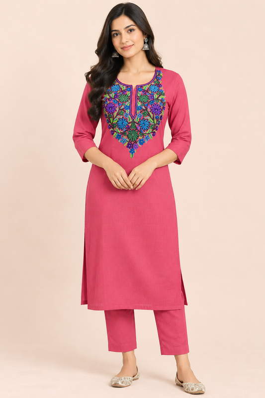 Women’s Pink Hand-Embroidered Cotton Suit Set – Floral Embroidery
