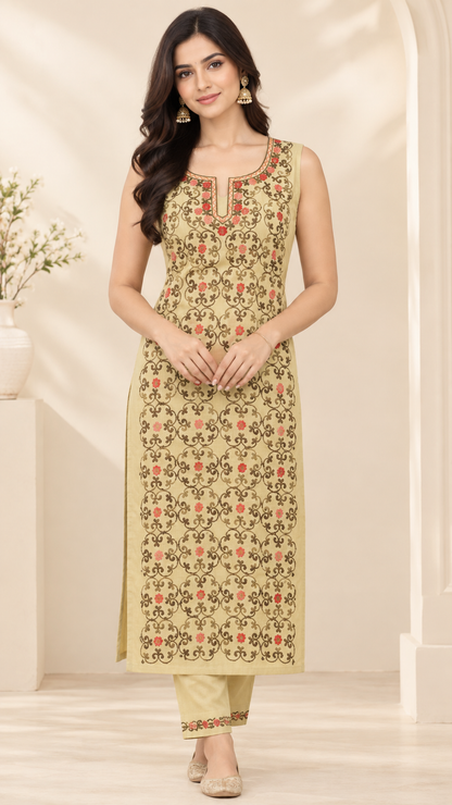 Women’s Beige Hand Embroidered Cotton Suit | Elegant Ethnic Wear Collection