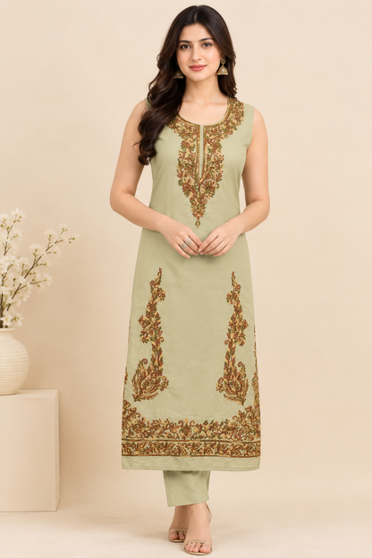 Women’s Pista Green Hand Embroidered Cotton Suit | Elegant Collection