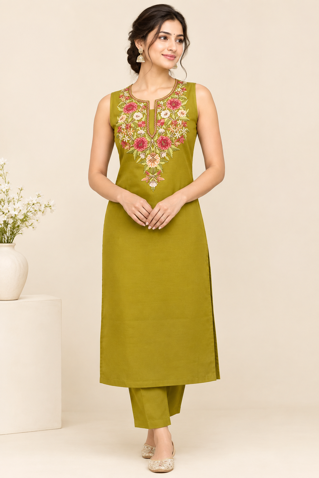 Women’s Mehndi Hand Embroidered Cotton Suit | Elegant Ethnic Wear Collection