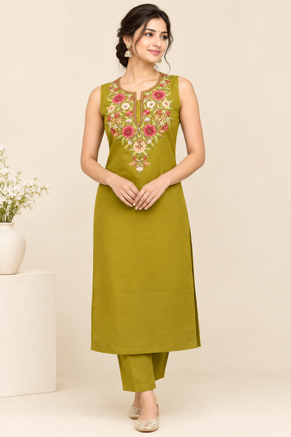Women’s Mehndi Hand Embroidered Cotton Suit | Elegant Ethnic Wear Collection