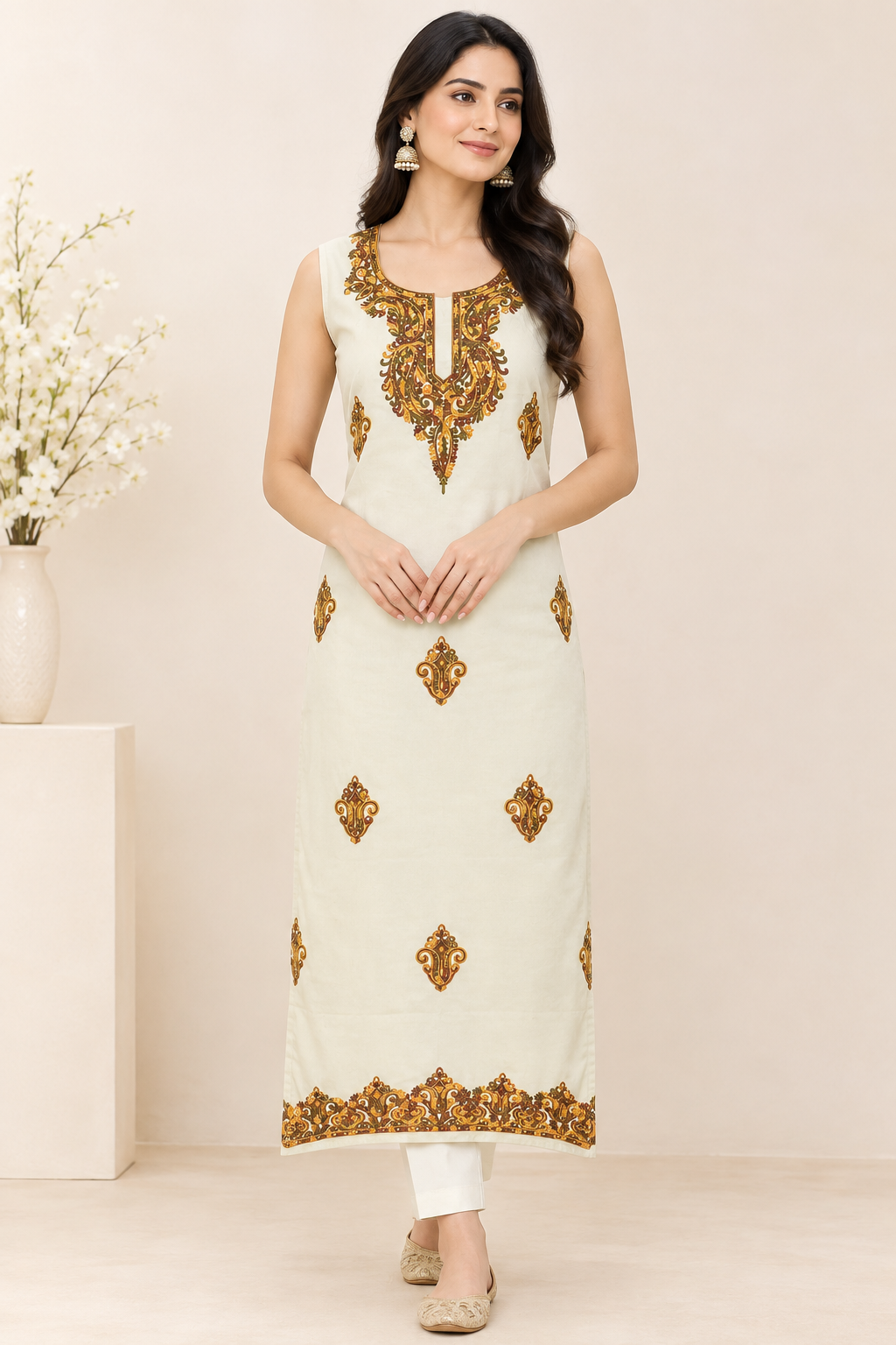 Women’s Cream Cotton Suit | Hand Embroidered Traditional Wear