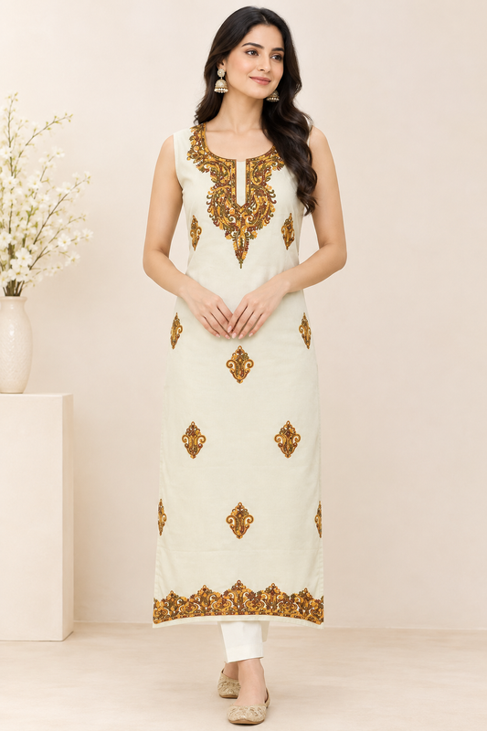 Women’s Cream Cotton Suit | Hand Embroidered Traditional Wear