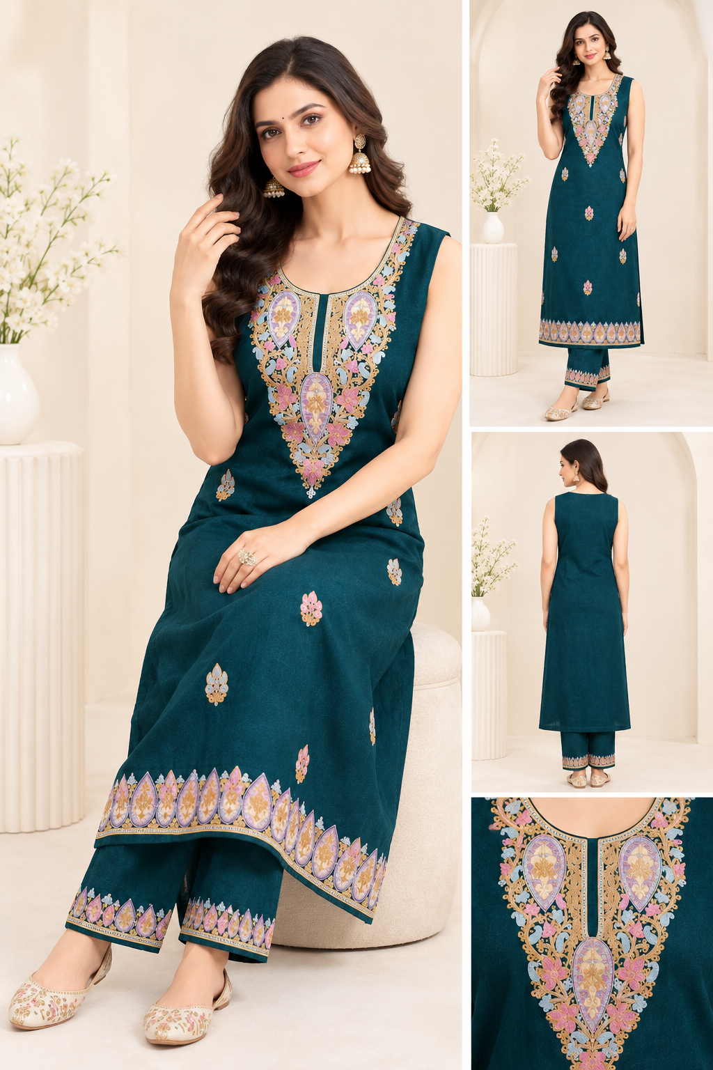 Women’s Blue Pashmina Woollen Kashmiri Embroidered Salwar Kameez Suit | Heavy Embroidery Winter Collection | Unstitched Fabric Set