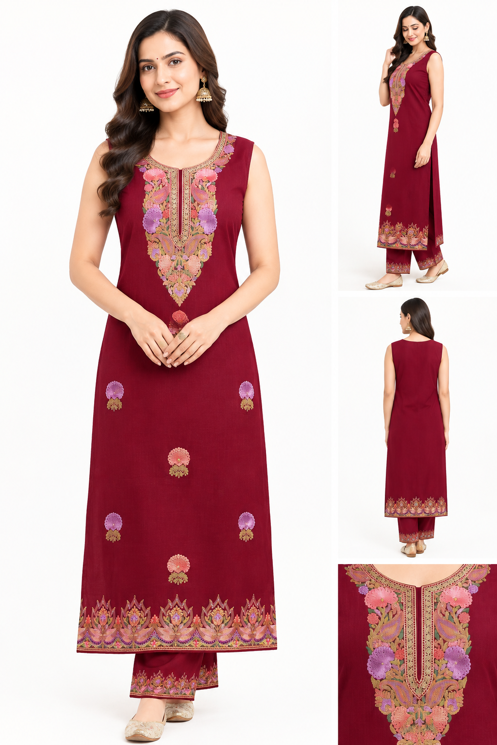 Women’s Maroon Pashmina Woollen Kashmiri Embroidered Salwar Kameez Suit | Heavy Embroidery Winter Collection | Unstitched Fabric Set