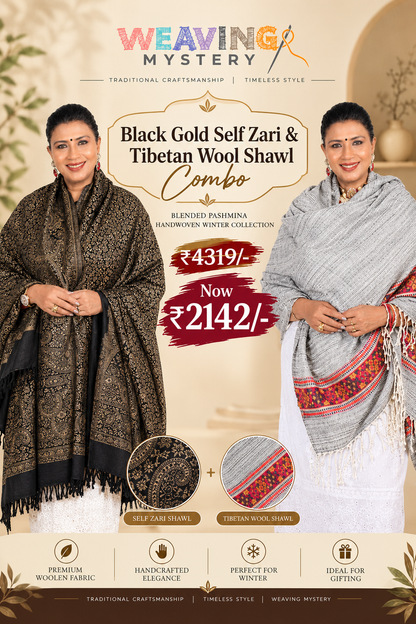 Black Gold Self Zari & Tibetan Wool Shawl | Blended Pashmina Handwoven Winter Collection