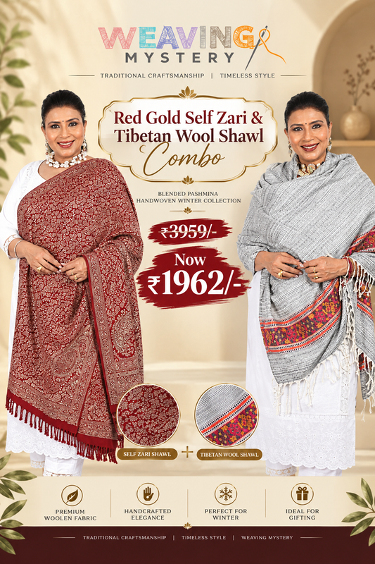 Red Gold Self Zari & Tibetan Wool Shawl Combo | Blended Pashmina Handwoven Winter Collection