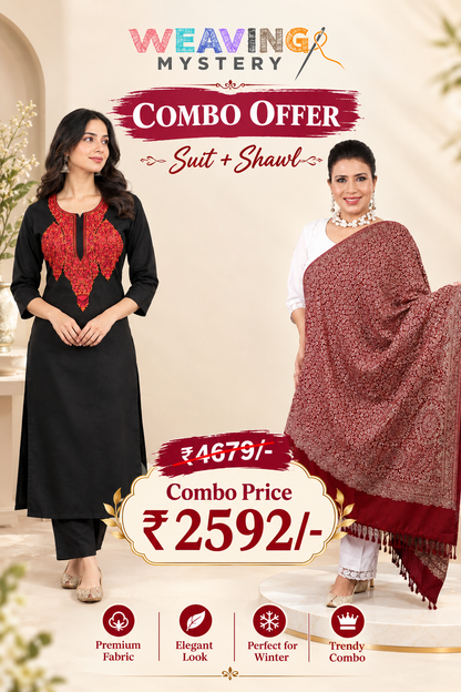 Women’s Maroon Zari Shawl & Black Cotton Suit Combo | Hand-Woven Traditional Ethnic Wear Collection