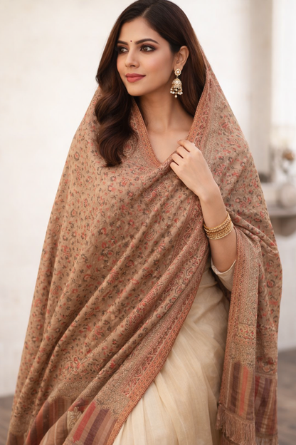 Beige & Red Kani Kat Zari Shawl – Regal Festive & Wedding Wear