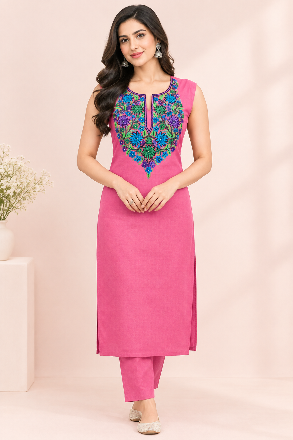 Women’s Pink Hand-Embroidered Cotton Suit Set – Floral Embroidery