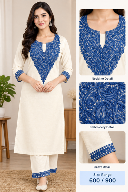 Women’s White & Blue Cotton Suit | Pashmina Woollen Unstitched Winter Collection