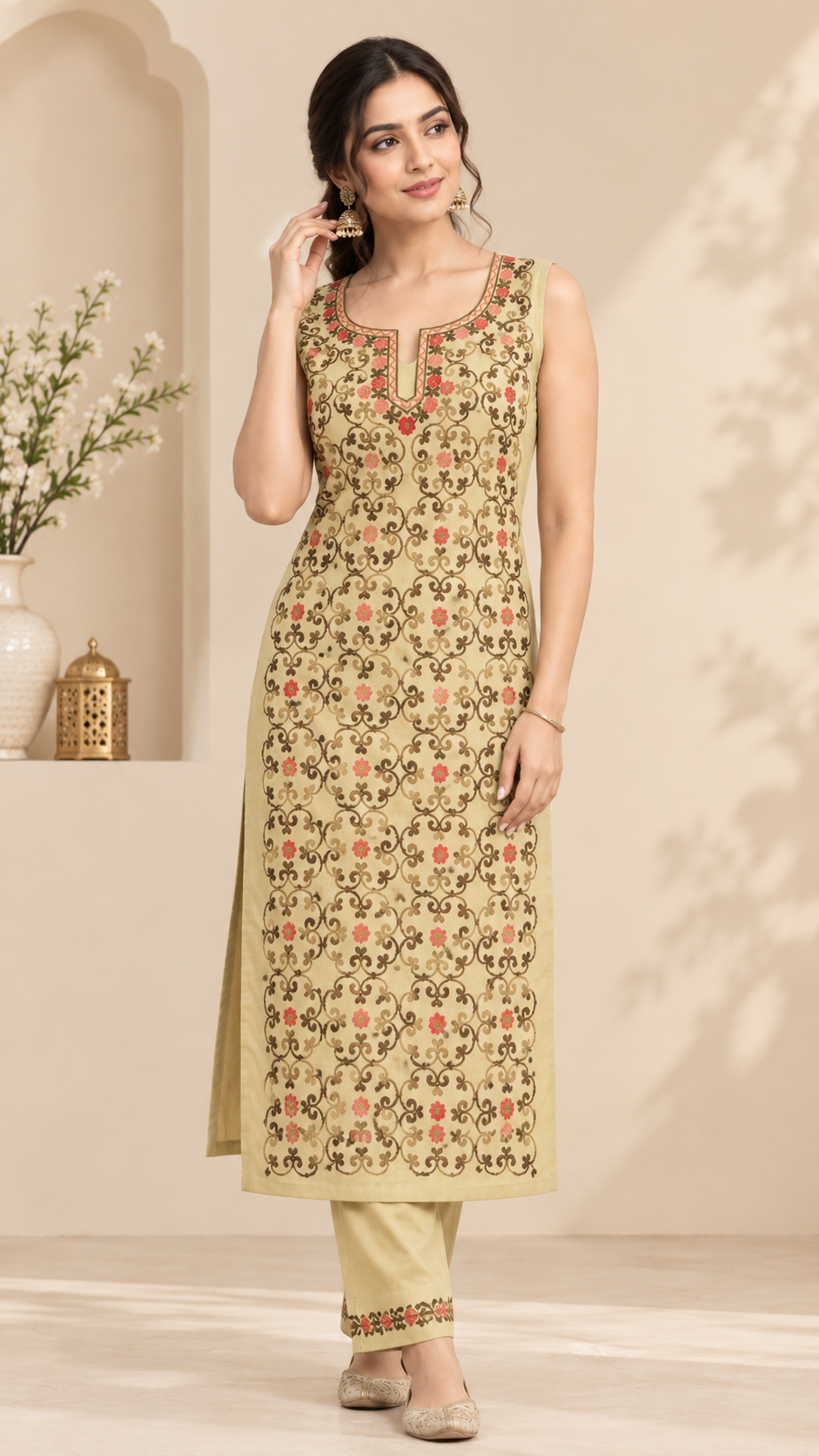Women’s Beige Hand Embroidered Cotton Suit | Elegant Ethnic Wear Collection