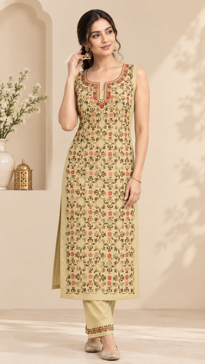 Women’s Beige Hand Embroidered Cotton Suit | Elegant Ethnic Wear Collection
