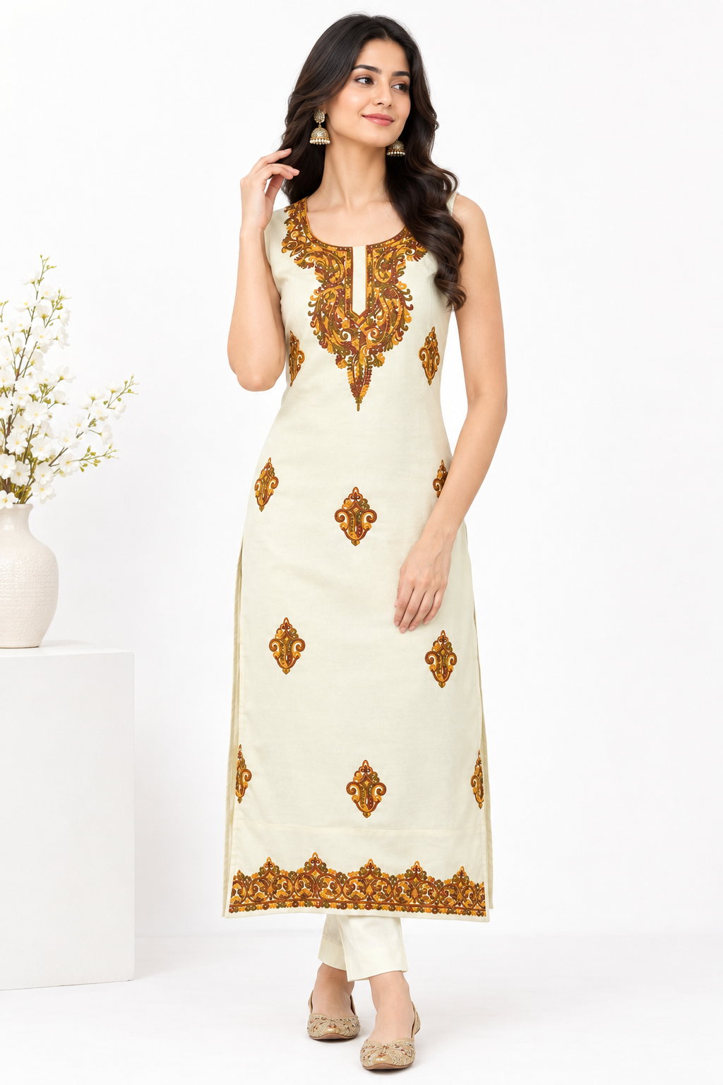 Women’s Cream Cotton Suit | Hand Embroidered Traditional Wear