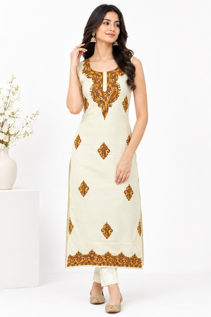 Women’s Cream Cotton Suit | Hand Embroidered Traditional Wear