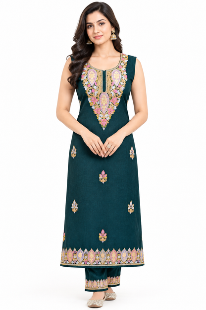 Women’s Blue Pashmina Woollen Kashmiri Embroidered Salwar Kameez Suit | Heavy Embroidery Winter Collection | Unstitched Fabric Set