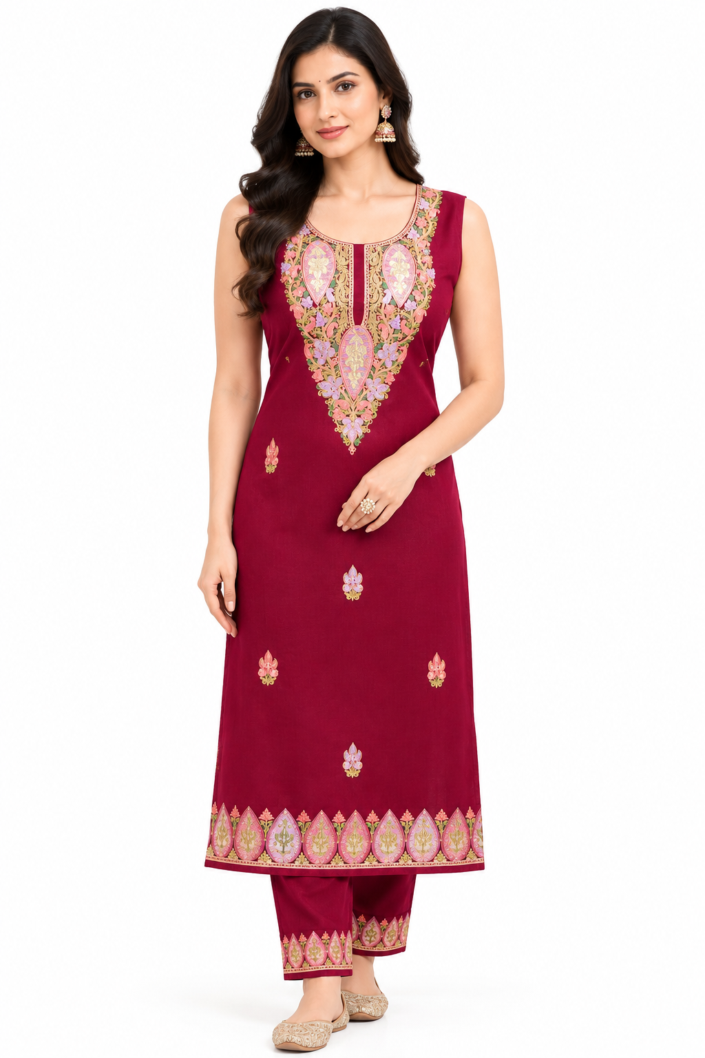 Women’s Maroon Pashmina Woollen Kashmiri Embroidered Salwar Kameez Suit | Heavy Embroidery Winter Collection | Unstitched Fabric Set