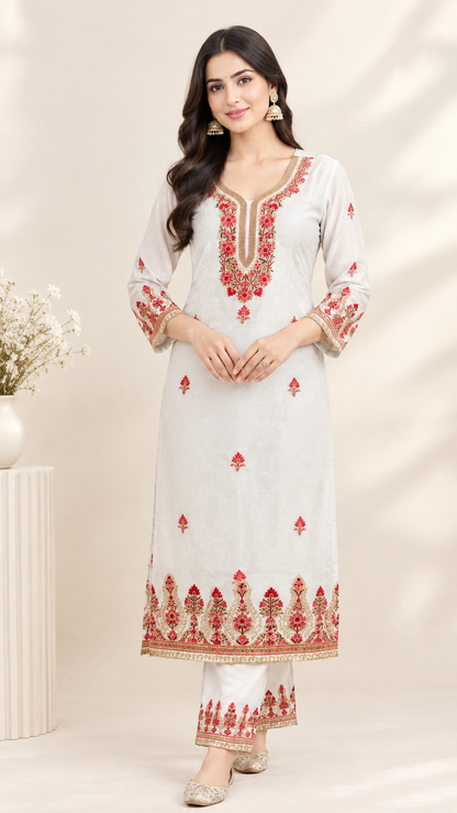 Women’s White Georgette Hand Embroidered Suit | Premium Ethnic Collection