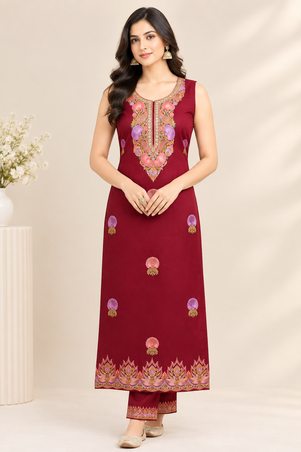 Women’s Maroon Pashmina Woollen Kashmiri Embroidered Salwar Kameez Suit | Heavy Embroidery Winter Collection | Unstitched Fabric Set