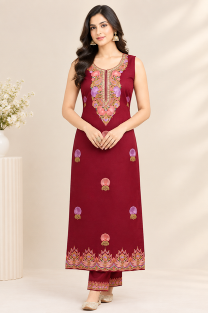 Women’s Maroon Pashmina Woollen Kashmiri Embroidered Salwar Kameez Suit | Heavy Embroidery Winter Collection | Unstitched Fabric Set