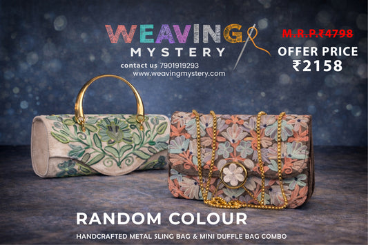 Metal Sling Bag & Duffel Bag Combo – Hand-Embroidered Floral Design with Metal Accents