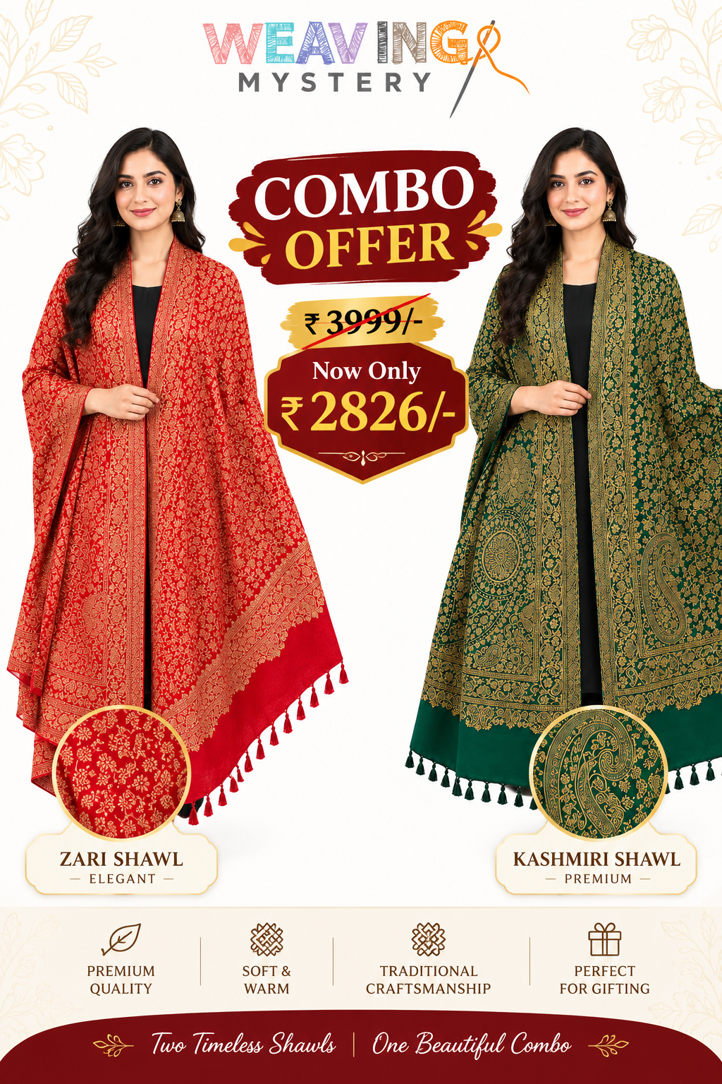 Red & Green Kashmiri Style Zari Shawl Set | Premium Combo Offer