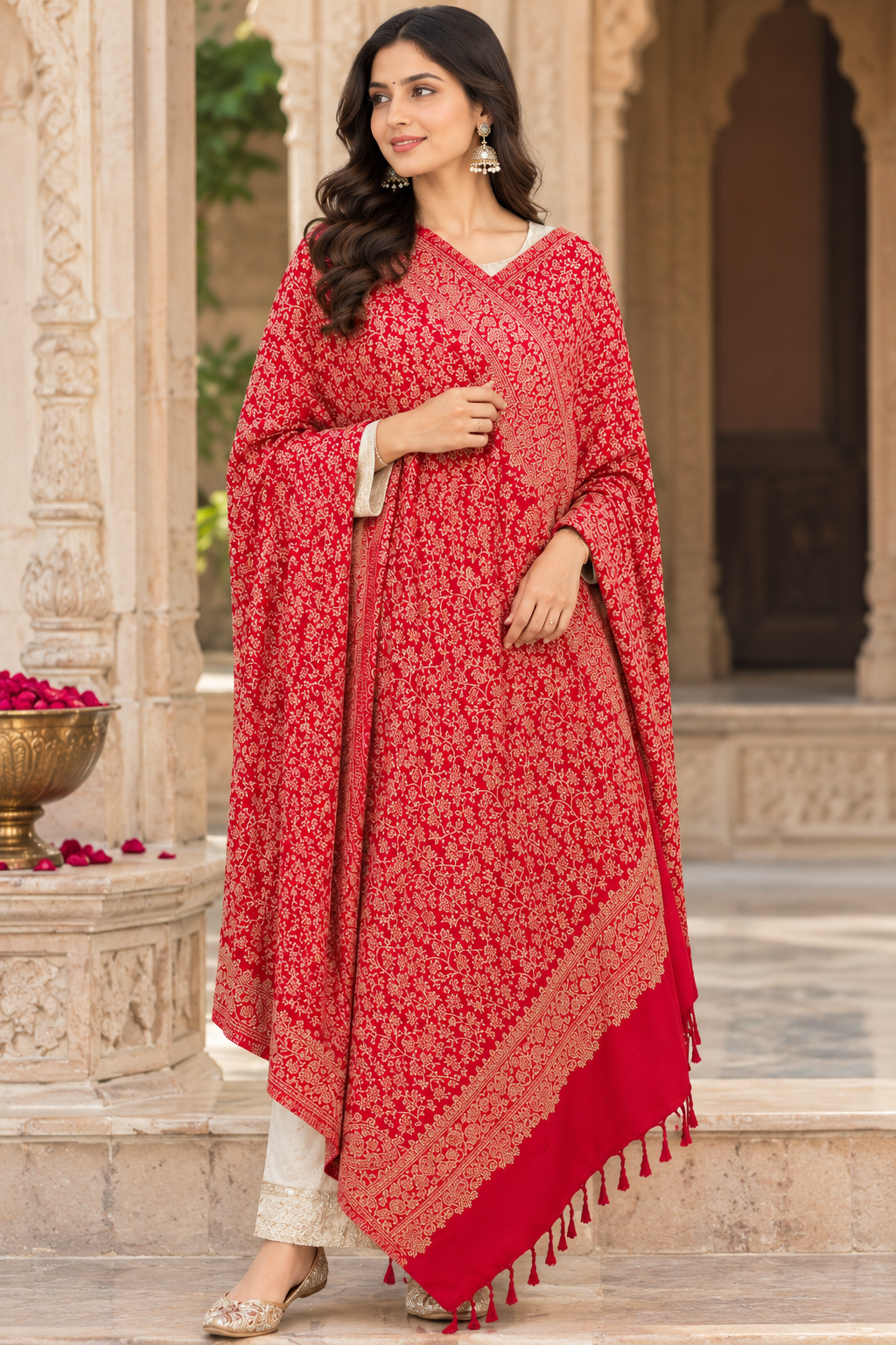 Premium Red Kashmiri Zari Work Shawl – Traditional Elegance