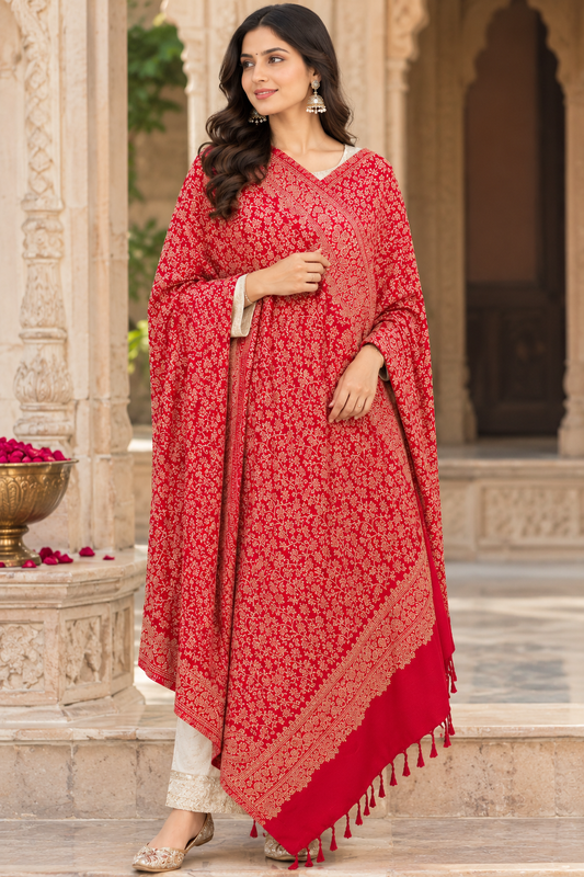 Premium Red Kashmiri Zari Work Shawl – Traditional Elegance