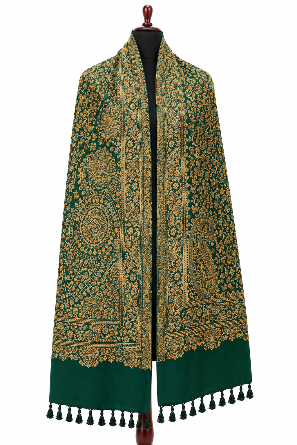 Green Blended Pashmina Shawl with Gold Woven Motifs | Golden Grace