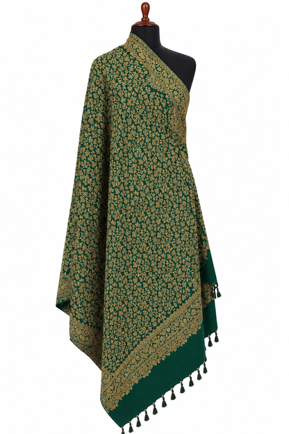Green Blended Pashmina Shawl with Gold Woven Motifs | Golden Grace