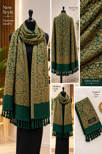 Premium Emerald Green Zari Woven Shawl