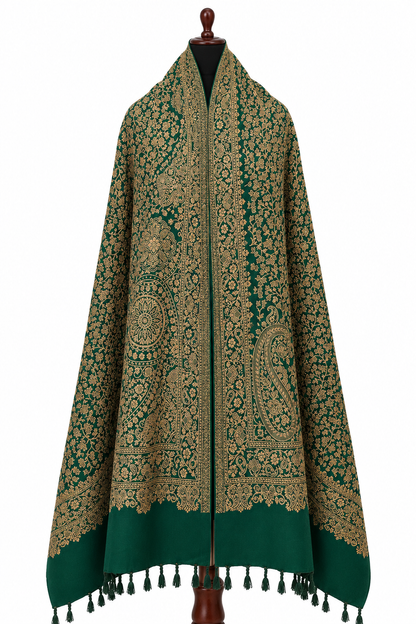 Green Blended Pashmina Shawl with Gold Woven Motifs | Golden Grace
